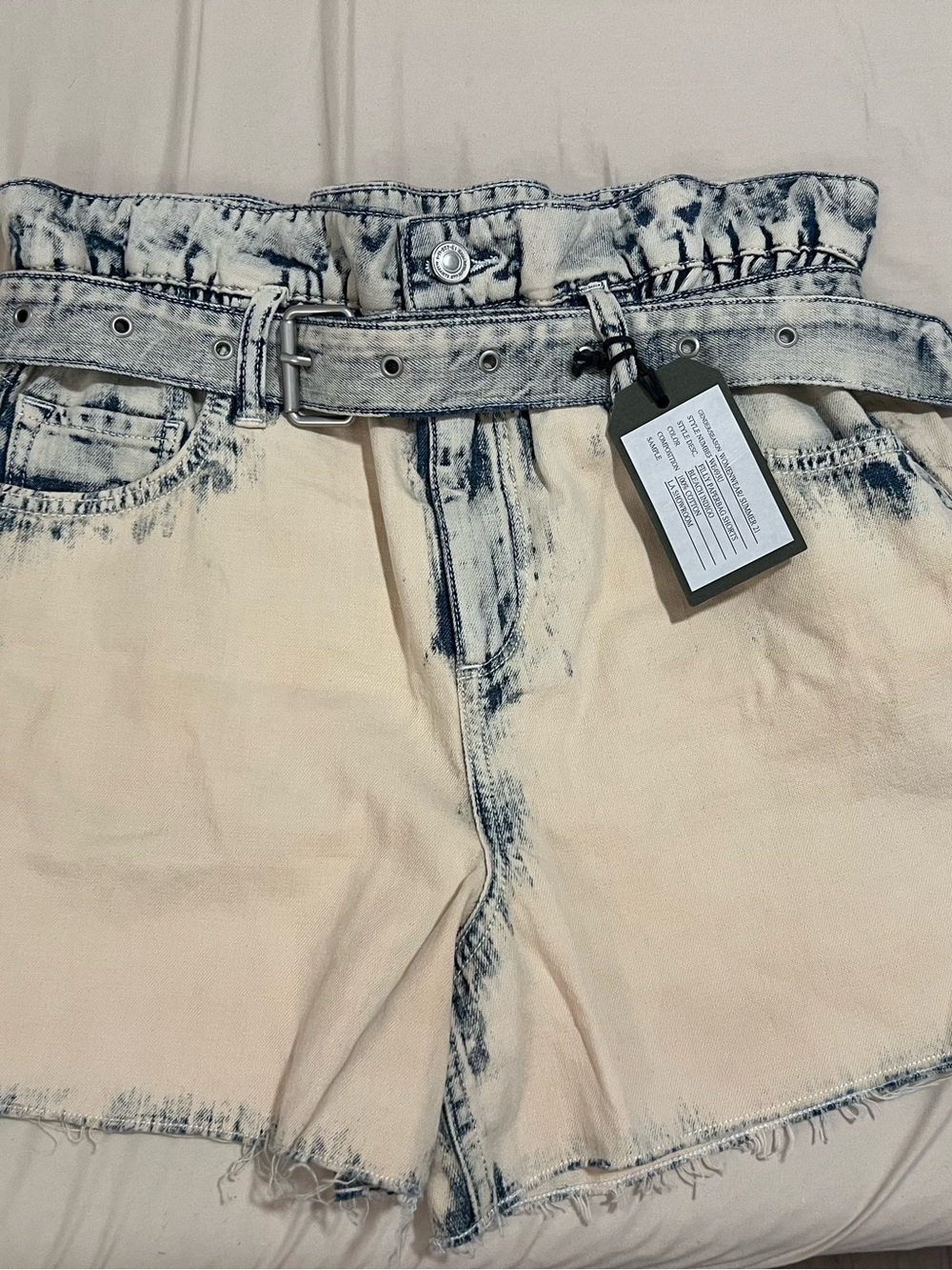 All Saints Bleach Wash Denim Paperbag Waist Jean Shorts - Cream & Blue